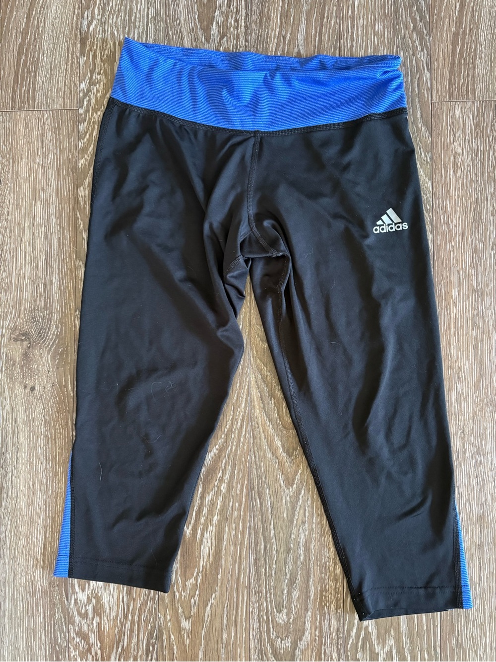 adidas Black Capri Leggings with Blue Waistband and Side Panels